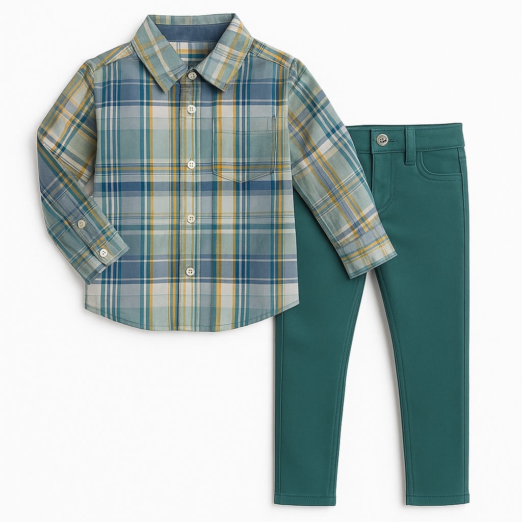 GREEN CHECK CASUAL SHIRT AND PANT 2 PC SET