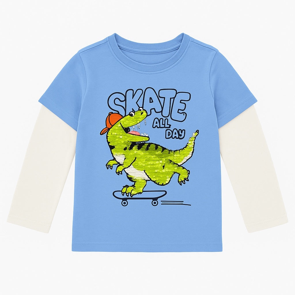 DINOSAUR SKATE SEQUENCE EMBROIDERY FULL SLEEVES T-SHIRT