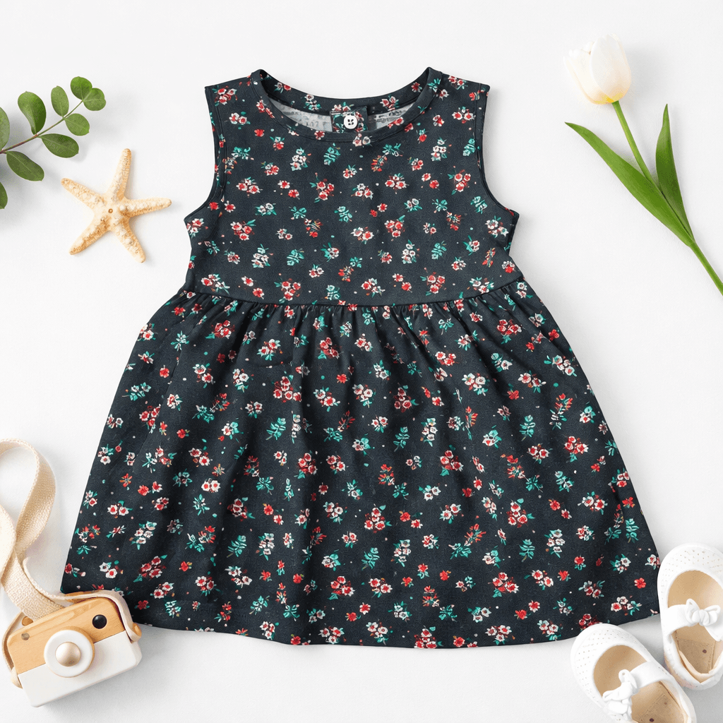 FLORAL BLACK COTTON WOOVEN FROCK
