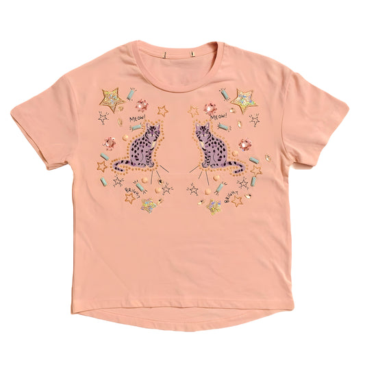 Meow beeds hand stitch embroidery t-shirt