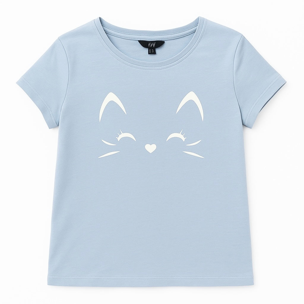 KITTY FACE LIGHT BLUE T-SHIRT