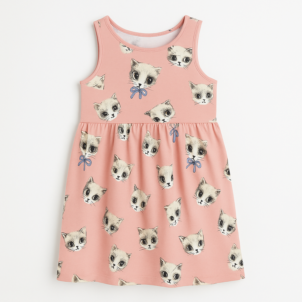 Charming Cat Print Cotton Frock for Baby Girls – Breathable and Cute