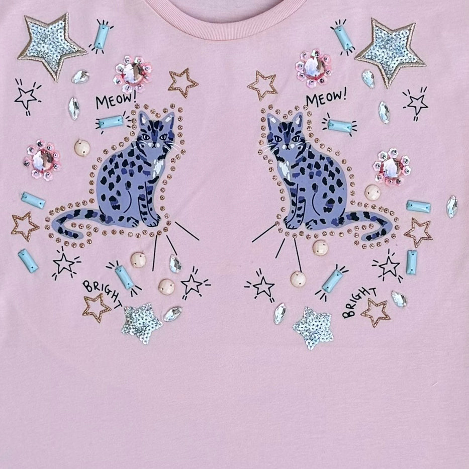 Meow beeds hand stitch embroidery t-shirt