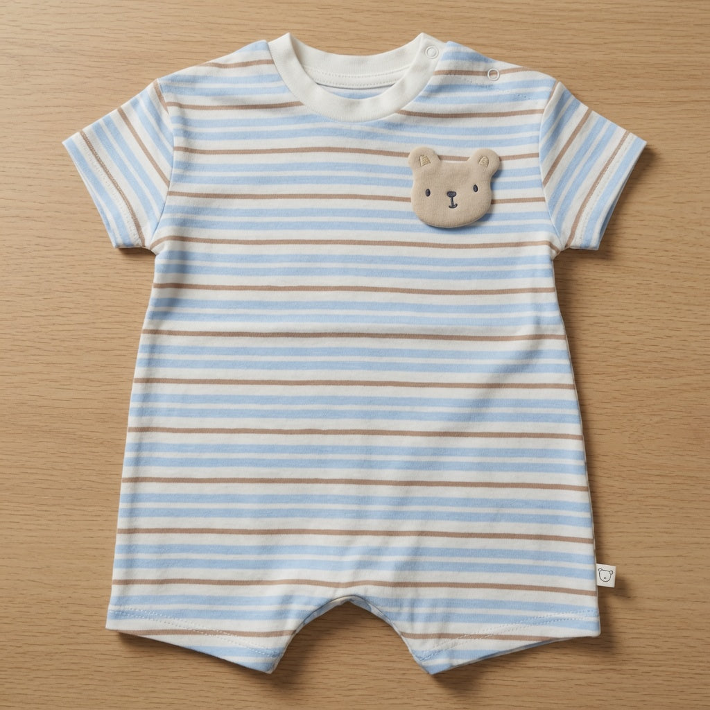TEDDY APPLIQUÉ LIGHT BLUE STRIPE ROMPER