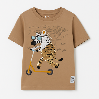 ZEBRA ON SCOOTY FLIP EMBROIDERY T-SHIRT