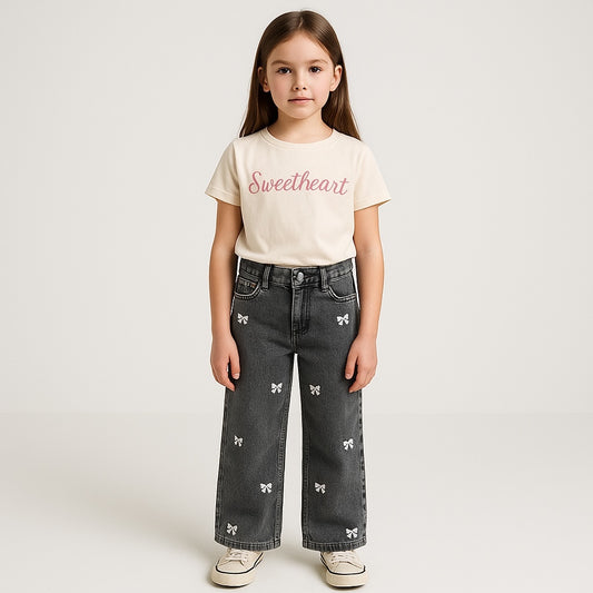 BOW EMBROIDERY LOOSE FASHION GREY DENIM PANT