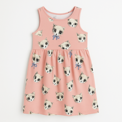 Charming Cat Print Cotton Frock for Baby Girls – Breathable and Cute