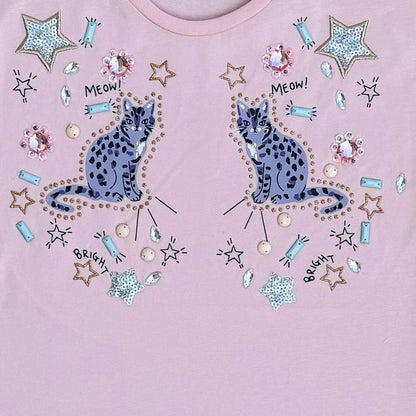 Meow beeds hand stitch embroidery t-shirt