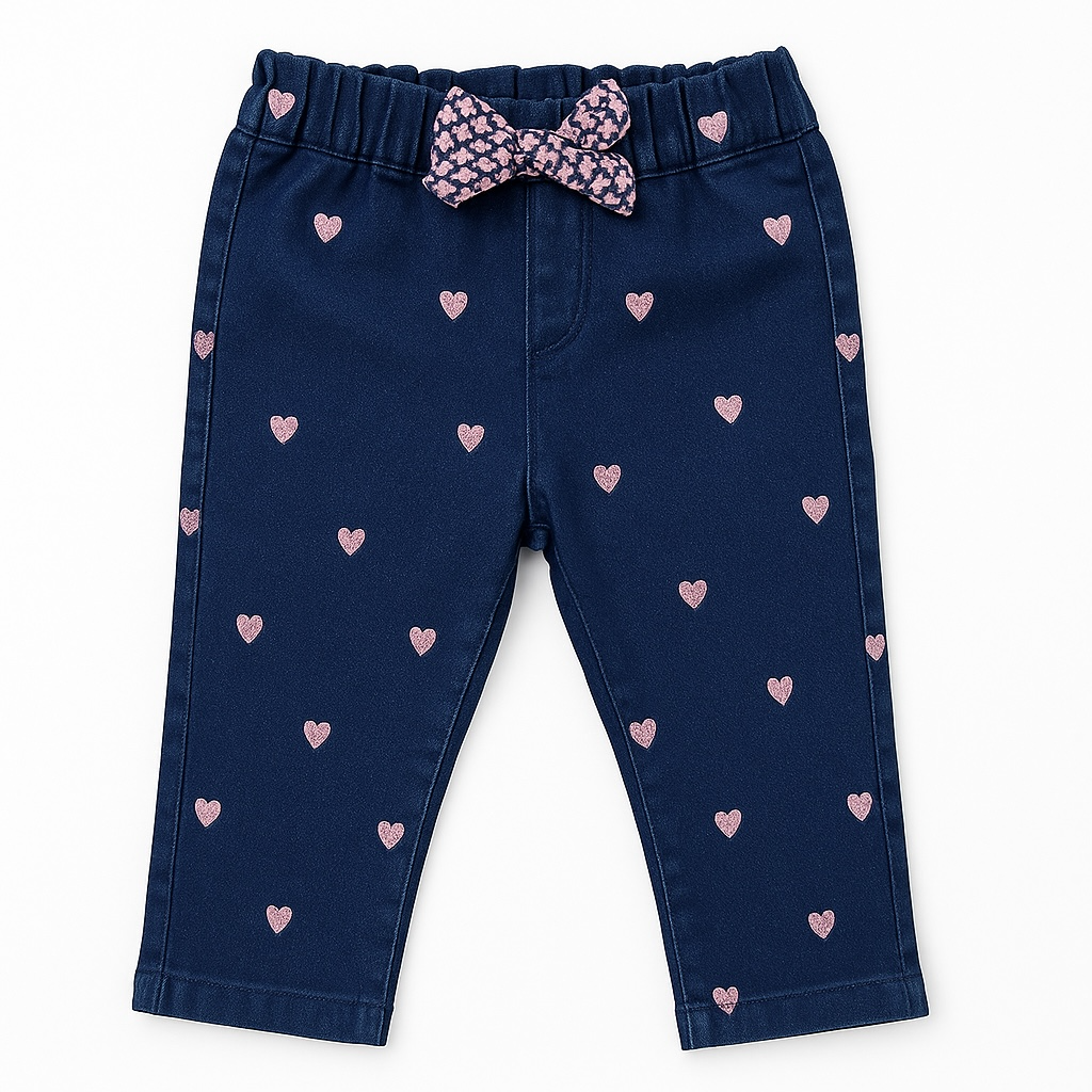 HEARTS ALLOVER EMBROIDERY BLUE DENIM PANT