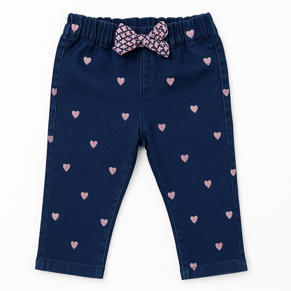 HEARTS ALLOVER EMBROIDERY BLUE DENIM PANT