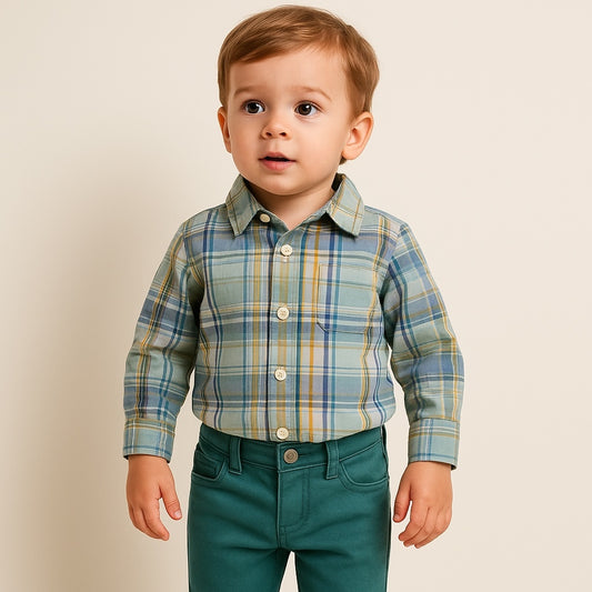 GREEN CHECK CASUAL SHIRT AND PANT 2 PC SET