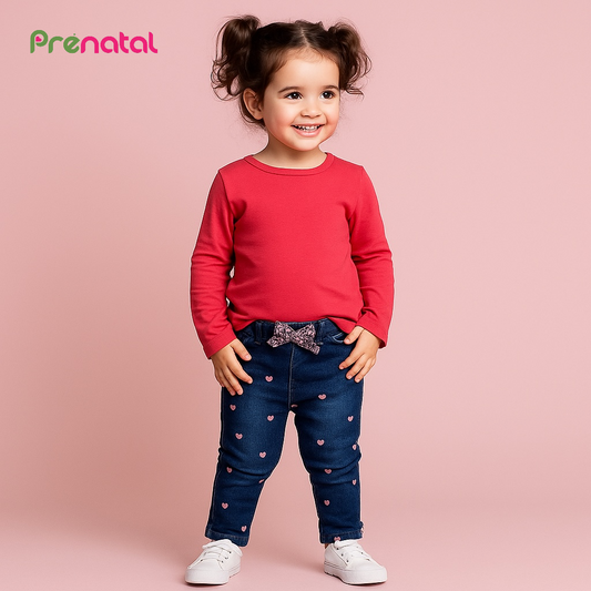 HEARTS ALLOVER EMBROIDERY BLUE DENIM PANT