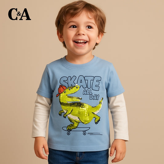 DINOSAUR SKATE SEQUENCE EMBROIDERY FULL SLEEVES T-SHIRT