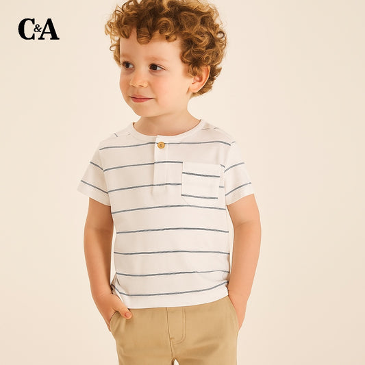 C & A Stripe button white t-shirt