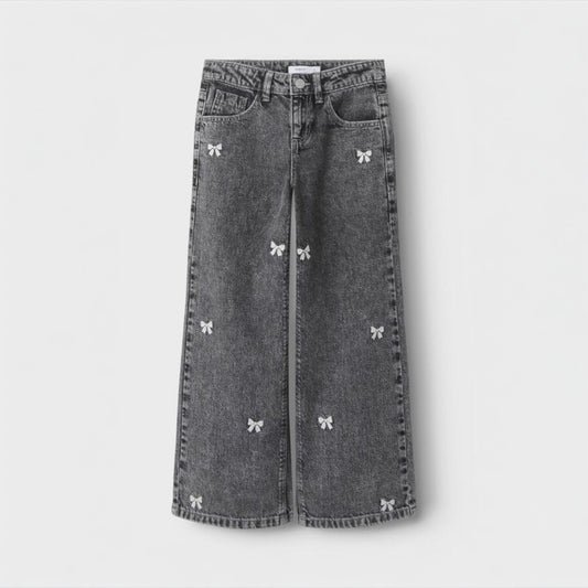 BOW EMBROIDERY LOOSE FASHION GREY DENIM PANT