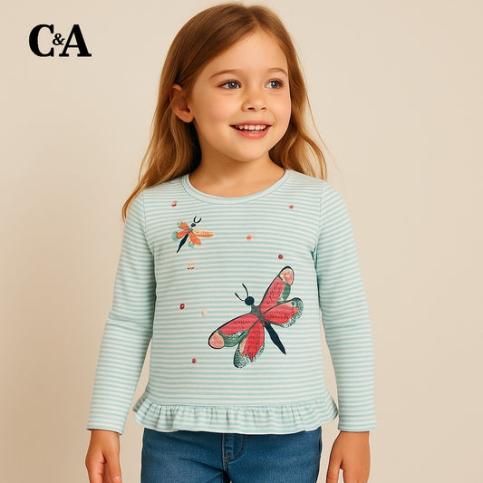 BUTTERFLY APPLIQUE STRIPE T-SHIRT