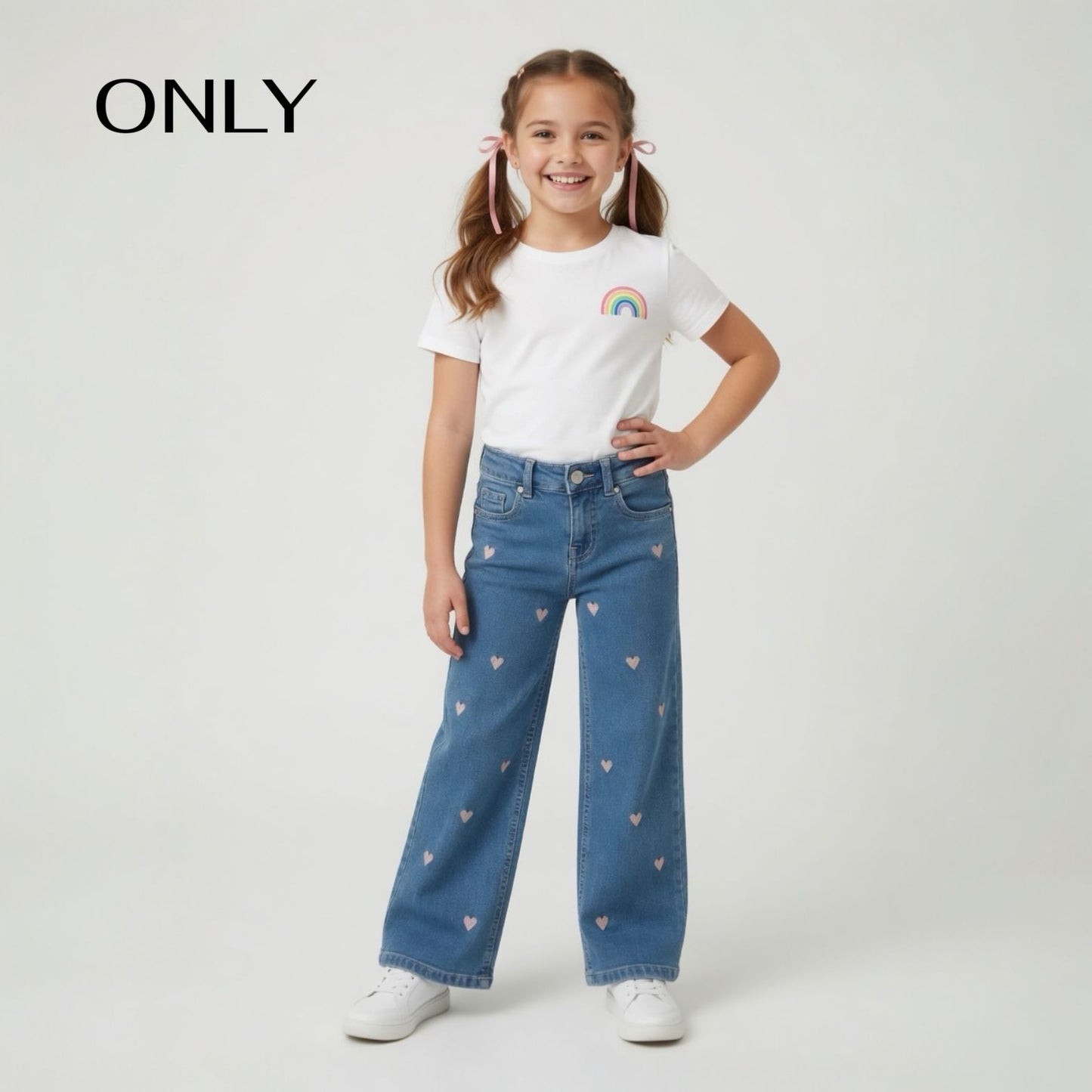 PINK EMBROIDERED HEARTS DENIM PANT
