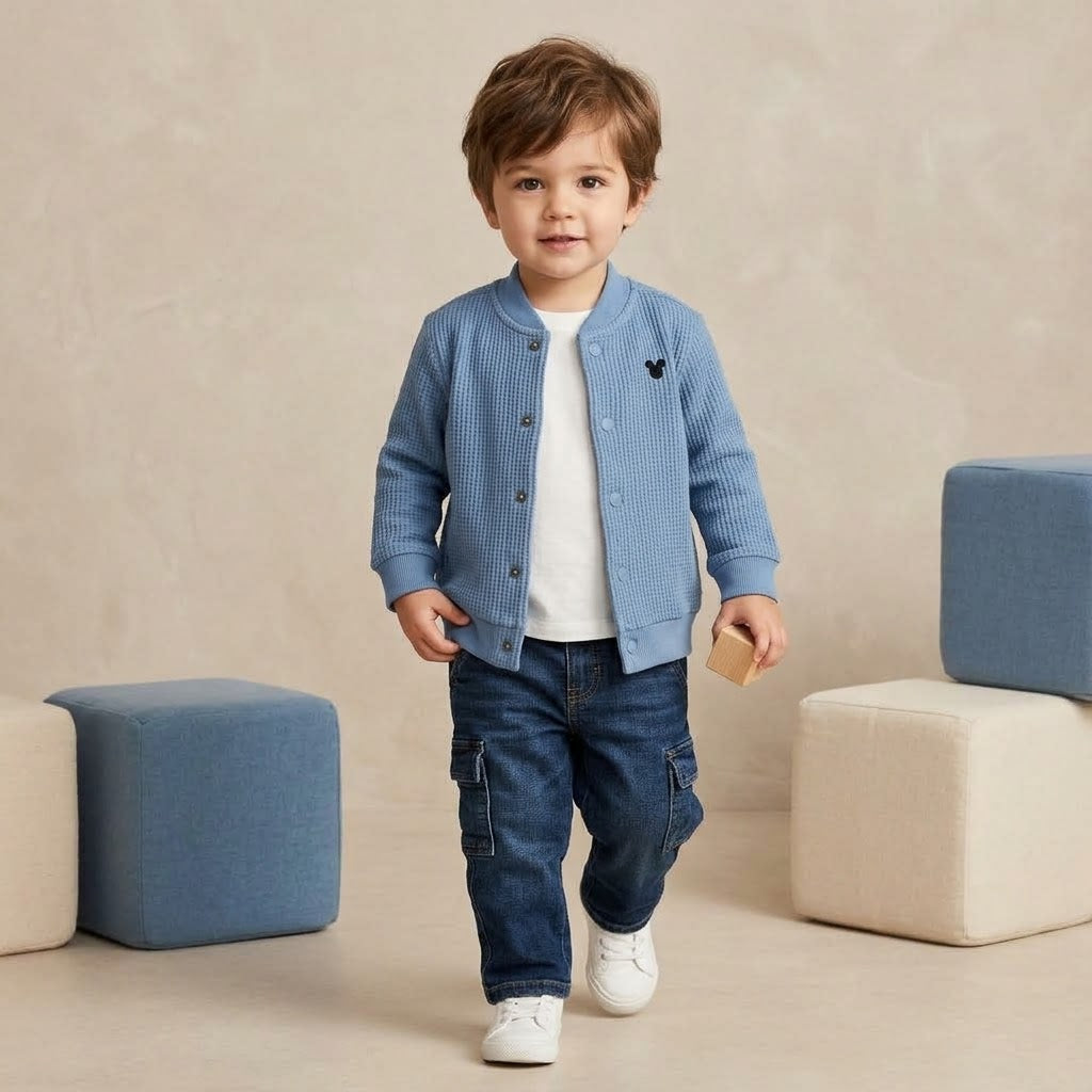 WAFFLE-KNIT SNAP BUTTON CARDIGAN/JACKET