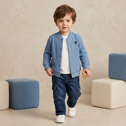WAFFLE-KNIT SNAP BUTTON CARDIGAN/JACKET