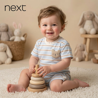 TEDDY APPLIQUÉ LIGHT BLUE STRIPE ROMPER