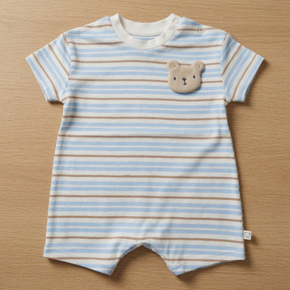 TEDDY APPLIQUÉ LIGHT BLUE STRIPE ROMPER