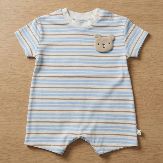 TEDDY APPLIQUÉ LIGHT BLUE STRIPE ROMPER