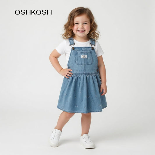 FLORAL PRINT COTTON DENIM JUMPER DRESS